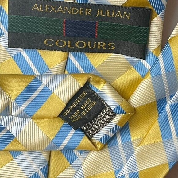 Alexander Julian Colours Mens Tie Yellow Blue Plaid Repp Striped Hand Made Silk - Picture 2 of 5